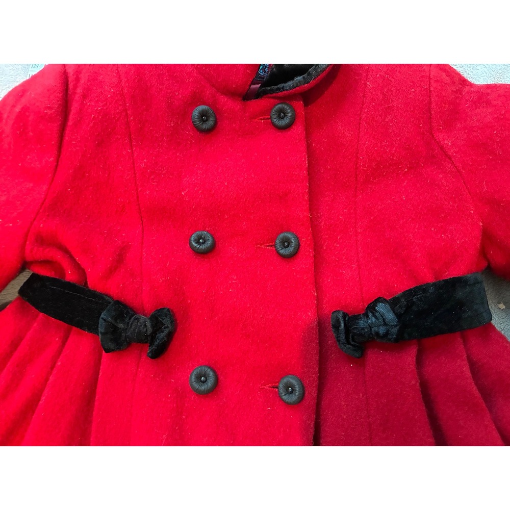Vintage Rothschild Girls Size 4 Red 100% Wool Coat Black Velvet Bow Holiday - Picture 4 of 13